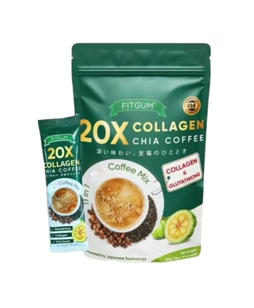 FITGUM 20X Collagen Chia Coffee Mix – 10 Sachets – with Chia Seeds, Collagen & Coffee Blend